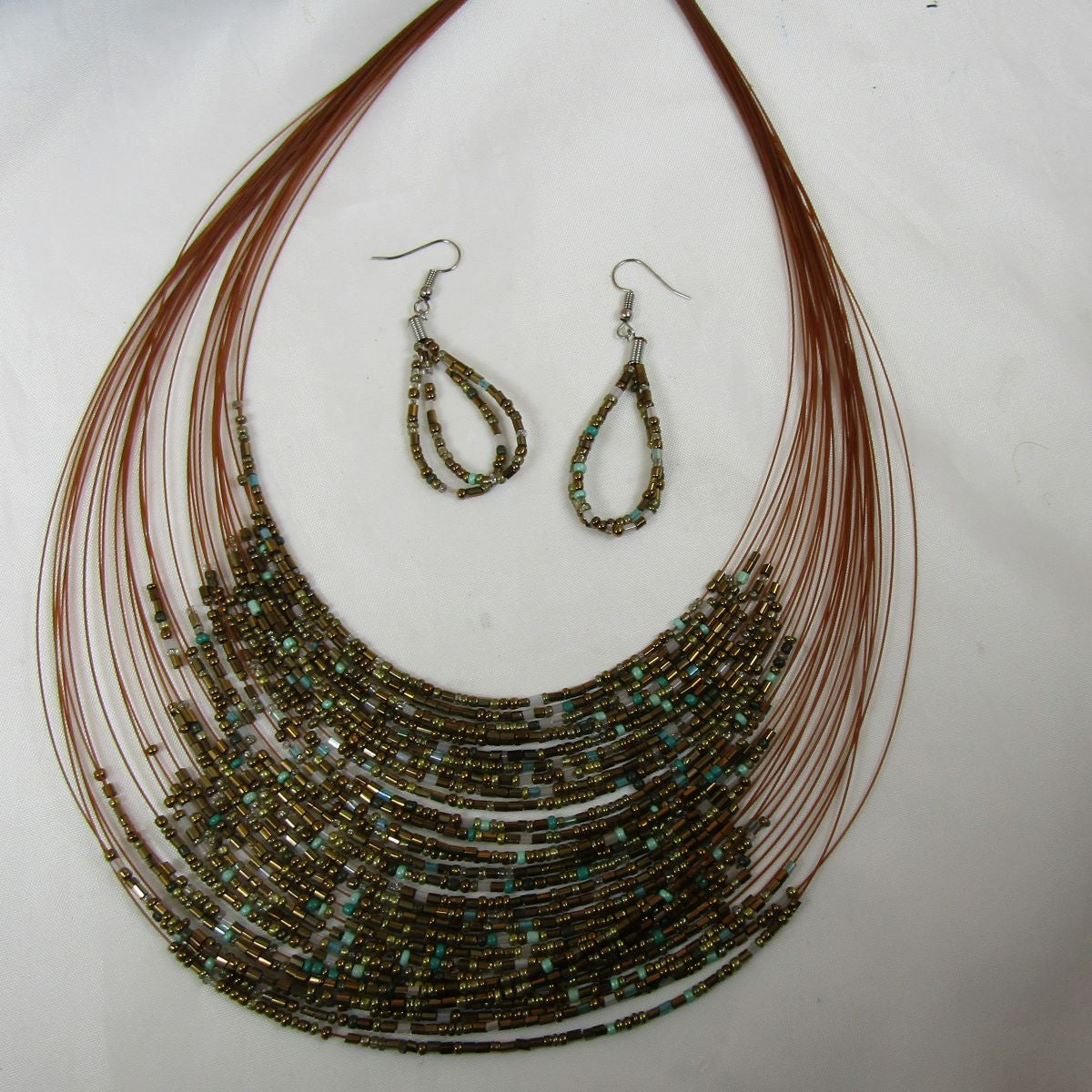 Gold Seed Bead Multi-strand Necklace and Earrings - VP's Jewelry