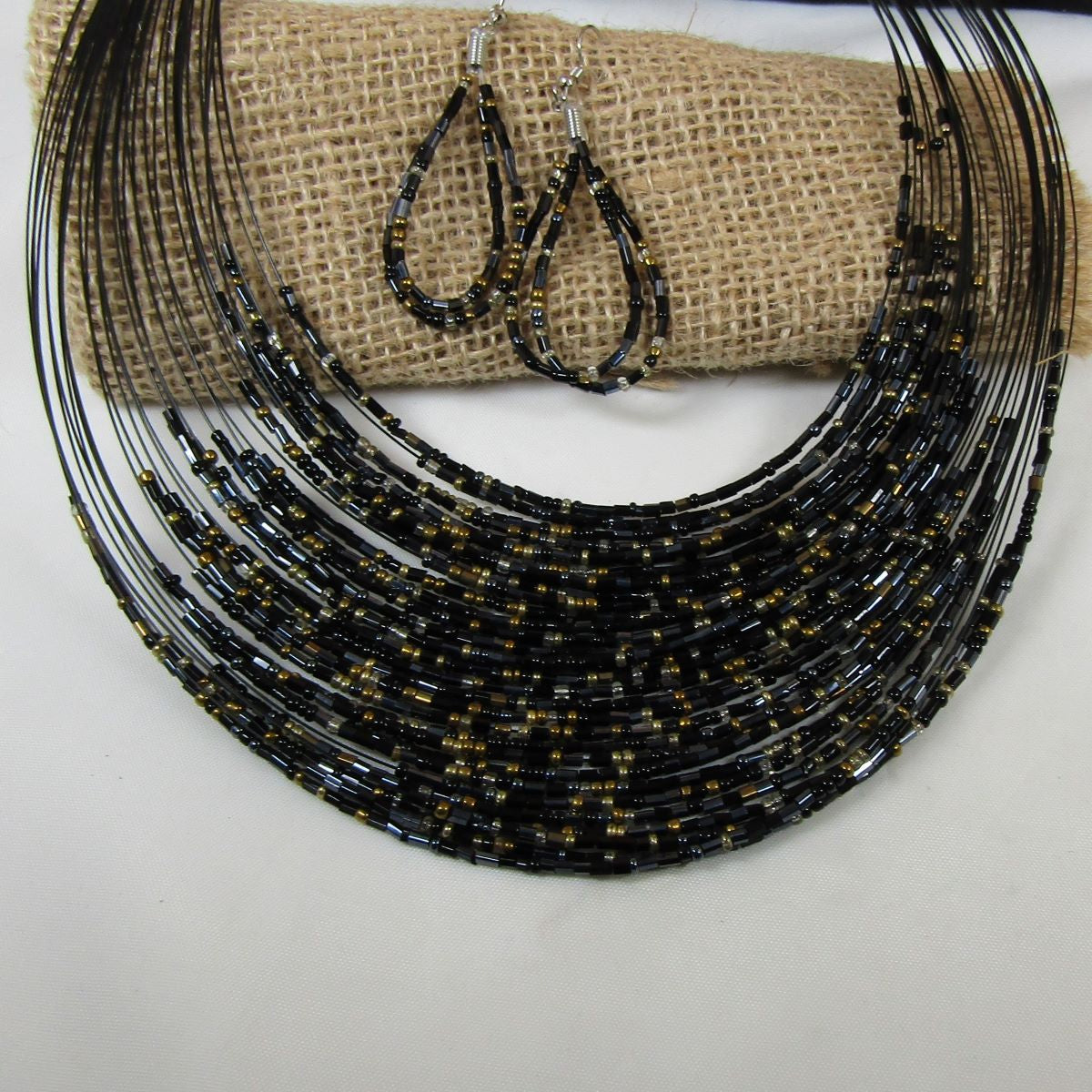 Multi-strand Black Seed Bead Necklace and Earrings - VP's Jewelry