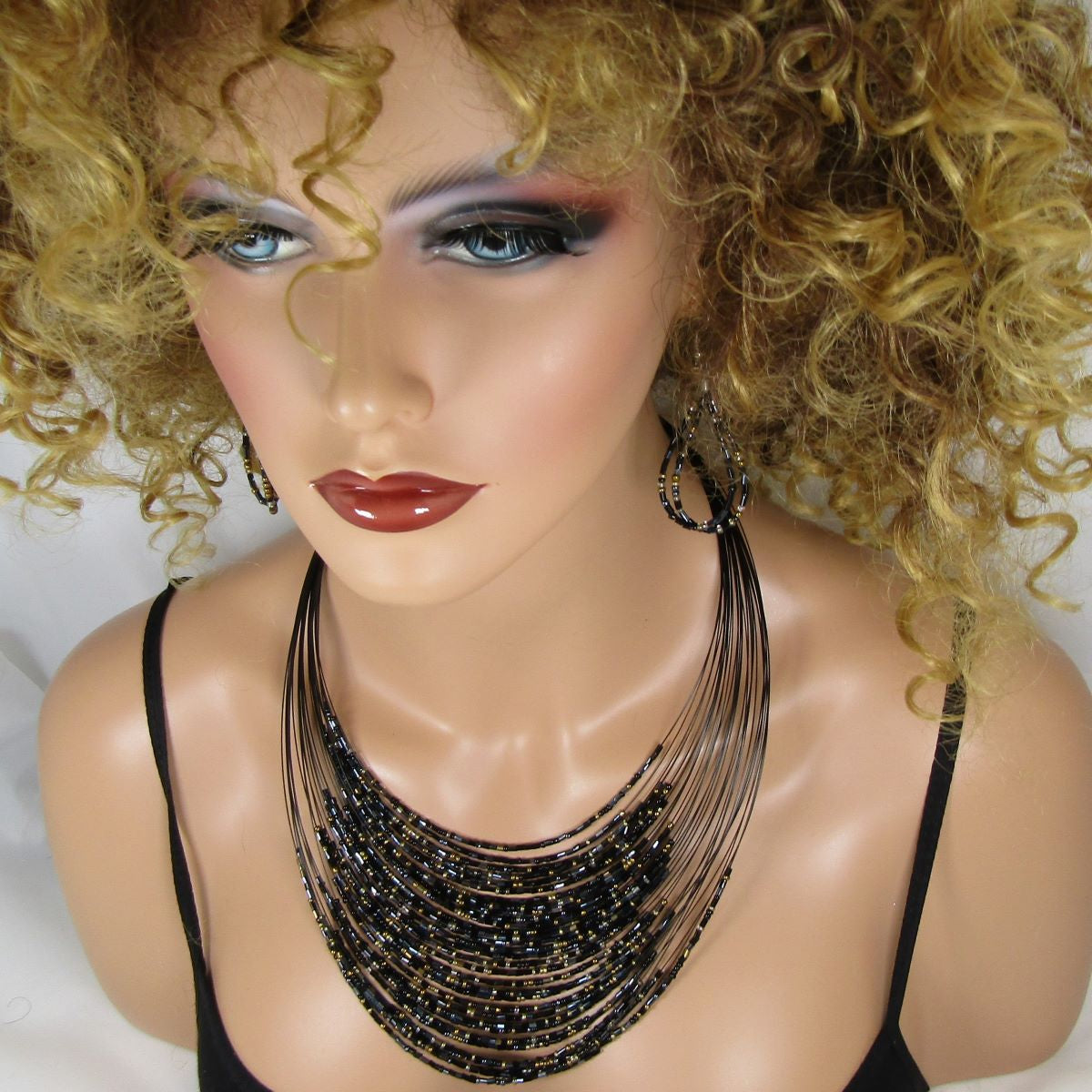 Multi-strand Black Seed Bead Necklace and Earrings - VP's Jewelry