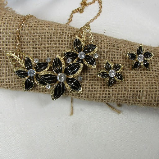 Black & Gold Flower Necklace with Gold Chain & Earrings - VP's Jewelry