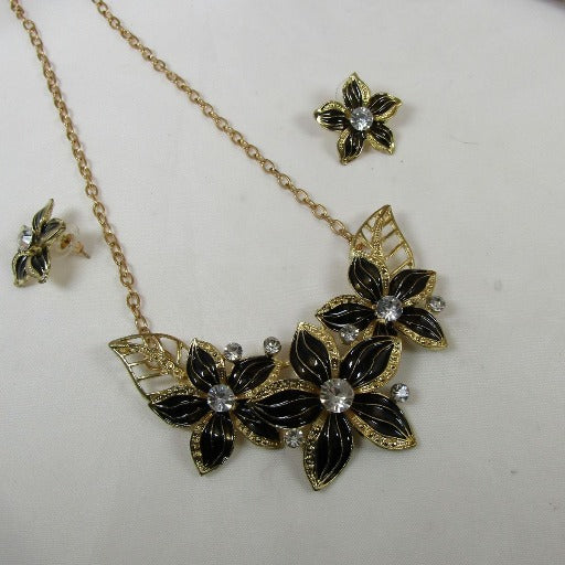 Black & Gold Flower Necklace with Gold Chain & Earrings - VP's Jewelry
