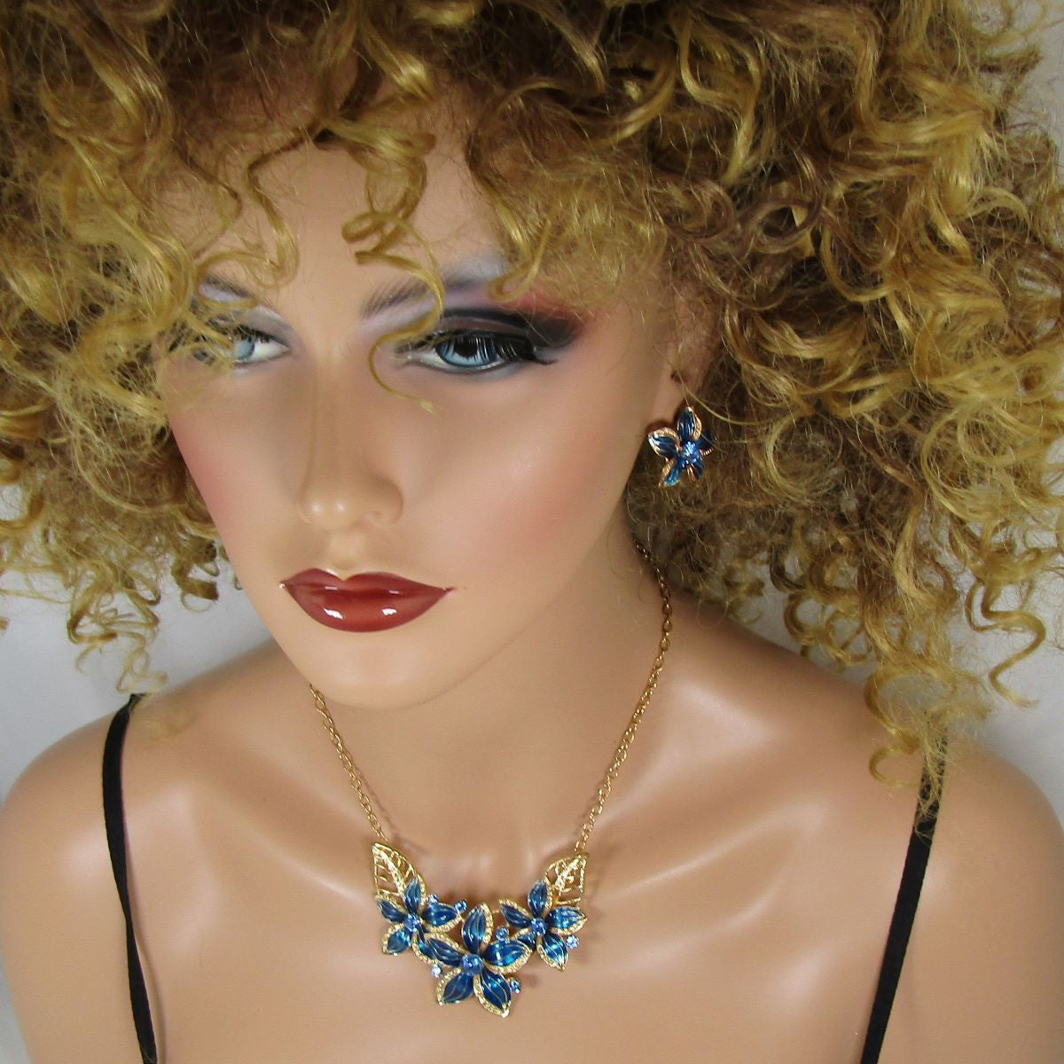 Blue & Gold Flower Necklace with Gold Chain & Earrings - VP's Jewelry