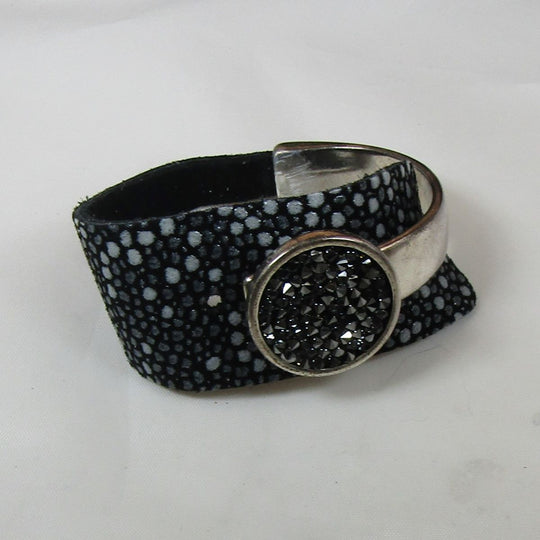 Wide Cuff Leather Bracelet with Botton Accent - VP's Jewelry