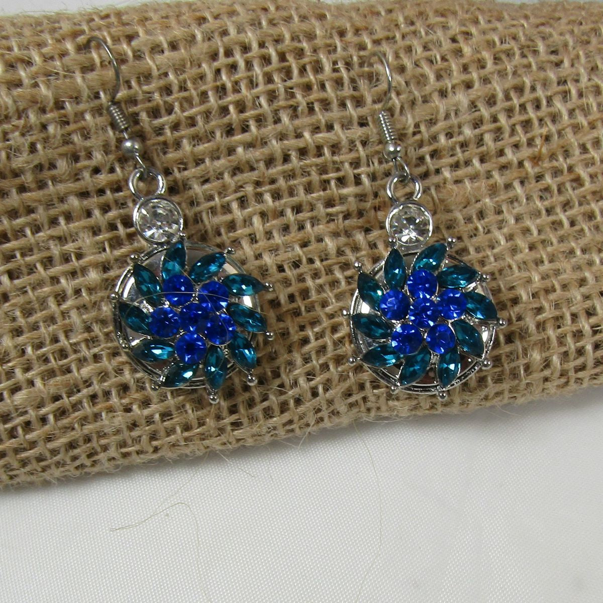 Aqua & Blue Crystal Flower & Silver Drop Earrings - VP's Jewelry