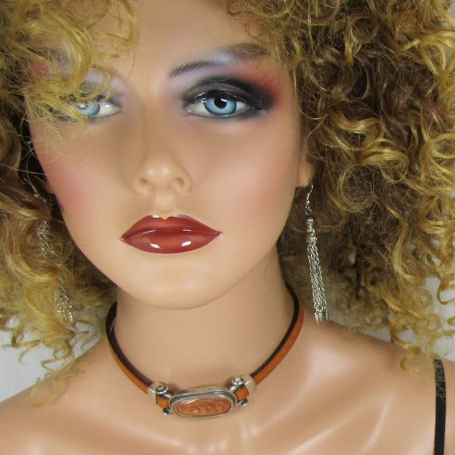 Amber Leather Ribbon Choker & Bracelet & Earrings Designer Set - VP's Jewelry