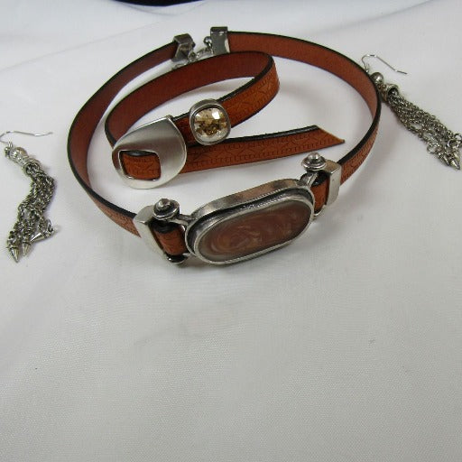 Amber Leather Ribbon Choker & Bracelet & Earrings Designer Set - VP's Jewelry
