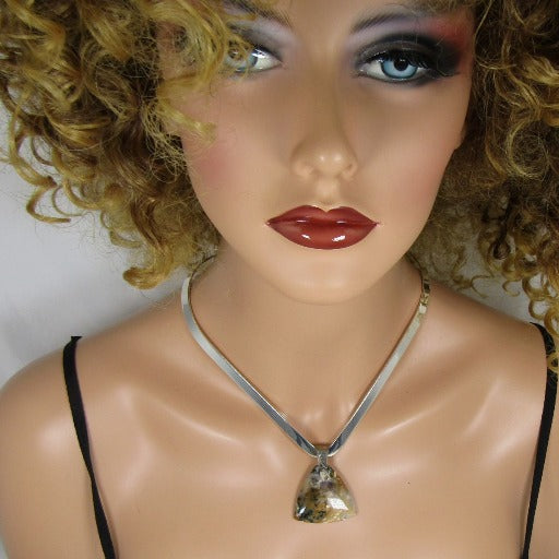 Gemstone Moss Agate Pendant Choker Silver Neck Ring - VP's Jewelry