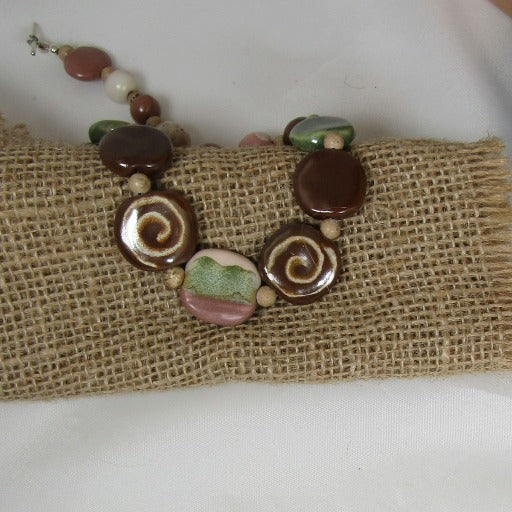 Brown & Green Handmade Fair Trade Bead Kazuri Necklace  - VP's Jewelry