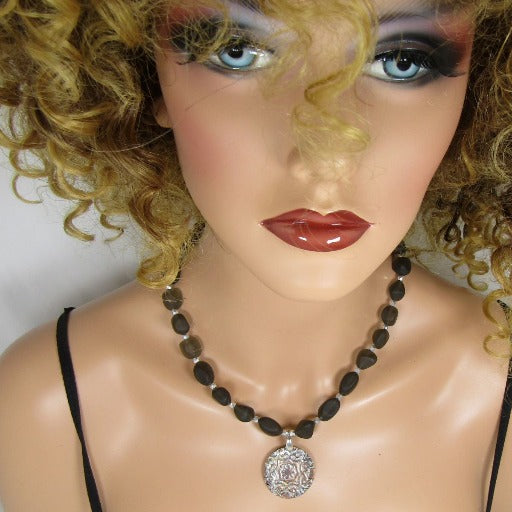 Black Sea Glass Bead Necklace with Handmade Copper Pendant - VP's Jewelry