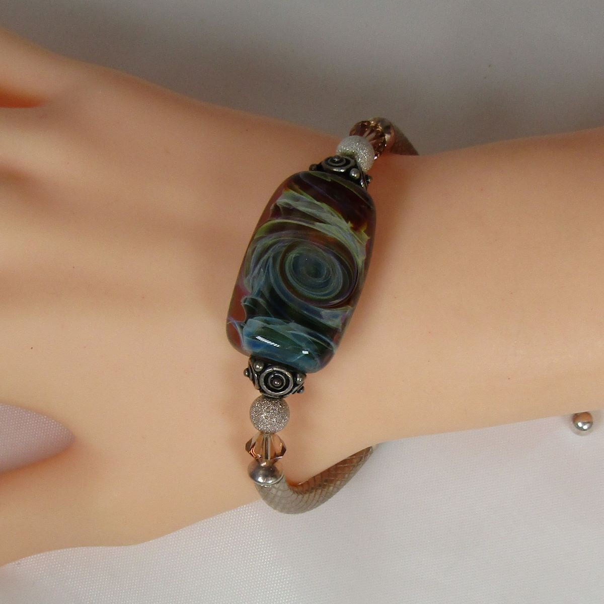 Turquoise Swirled Lampwork Bead Bangle Bracelet - VP's Jewelry  