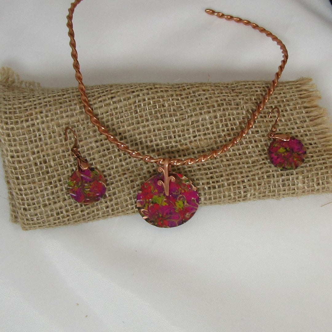 Rose Pink Patina Copper Pendant Choker Necklace & Earrings - VP's Jewelry