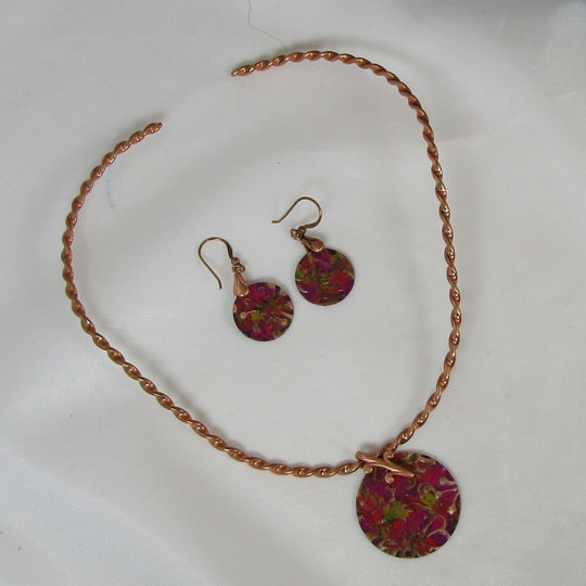Rose Pink Patina Copper Pendant Choker Necklace &  Earrings