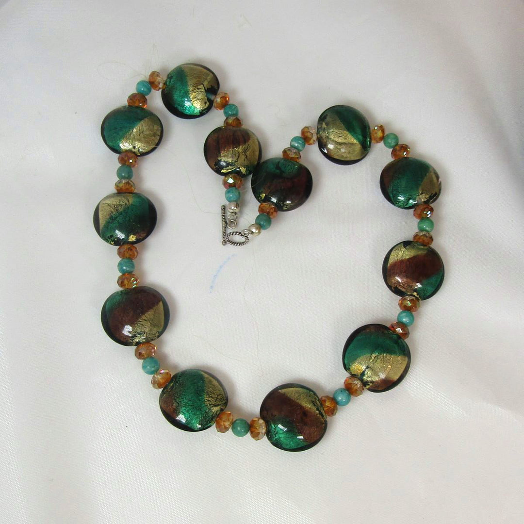 Emerald Green and Gold Lampwork Coin Necklace - VP's Jewelry