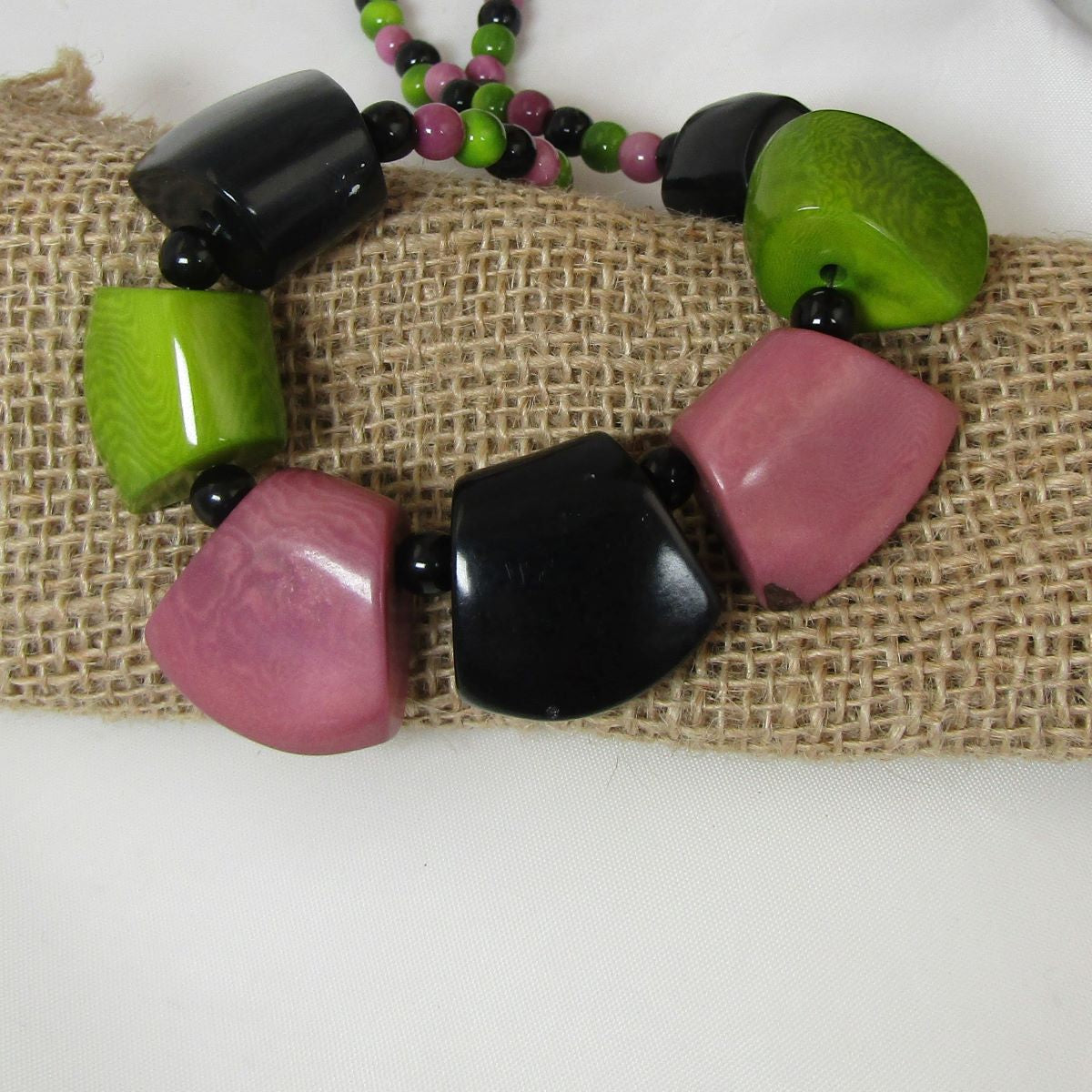 Tagua Nut Necklace in Black Green and Pink  Focal Beads