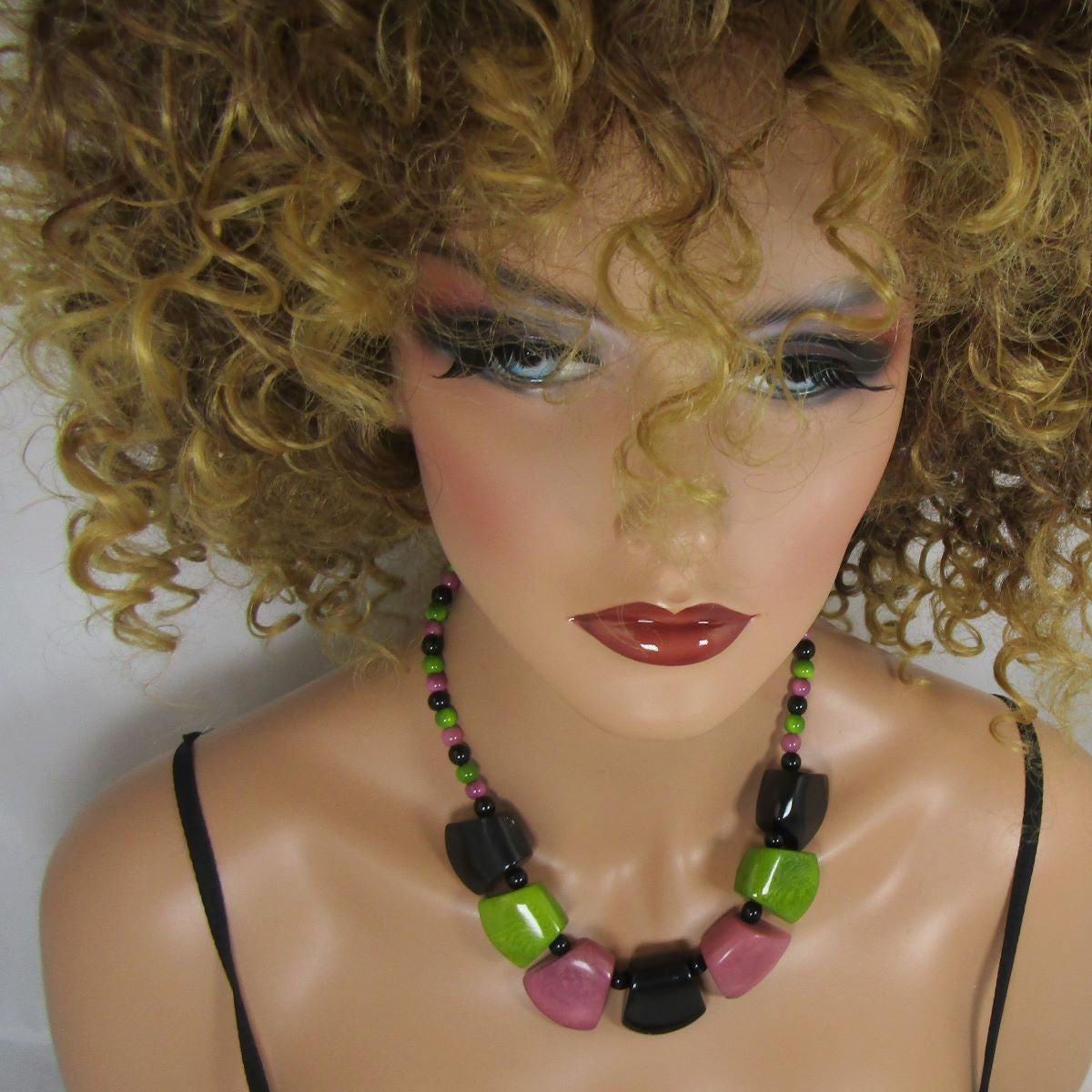 Tagua Nut Necklace in Black Green and Pink  Focal Beads
