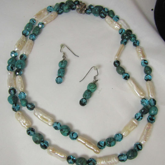 Stick Pearl and Turquoise Double Strand Necklace and Earrings - VP's Jewelry