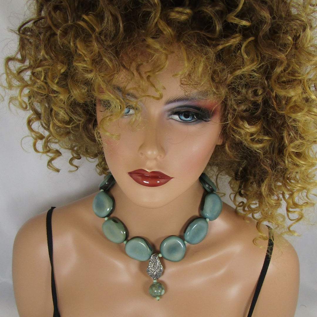 Aqua Tagua Nut Statement Neclace with Handmade Kazuri Pendant - VP's Jewelry 