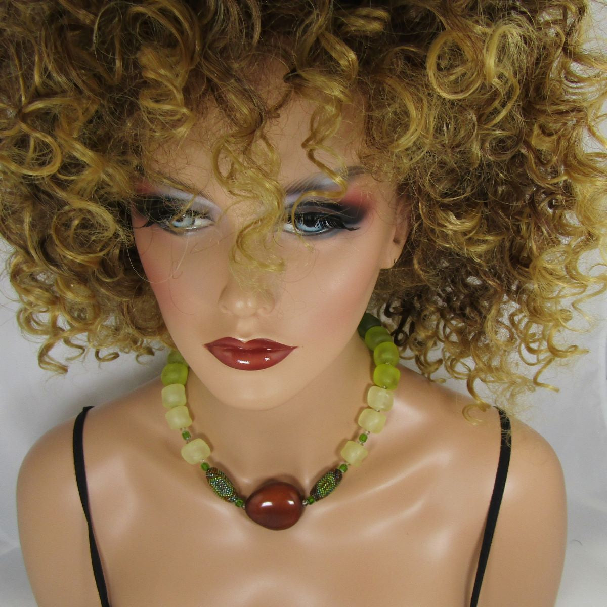 Eclectic Handmade Necklace in  Green with  Brown Tagua Nut