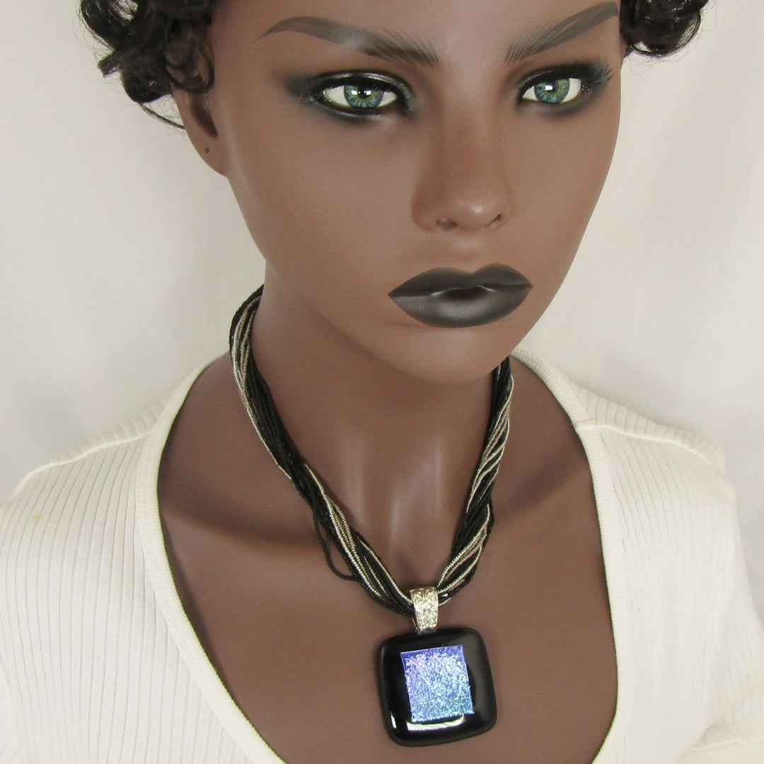 Handmade Black Dichroic Pendant on Multi-strand Seed Bead Necklace