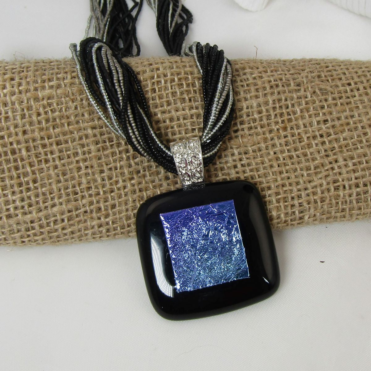 Handmade Black Dichroic Pendant on Multi-strand Seed Bead Necklace - VP's Jewelry