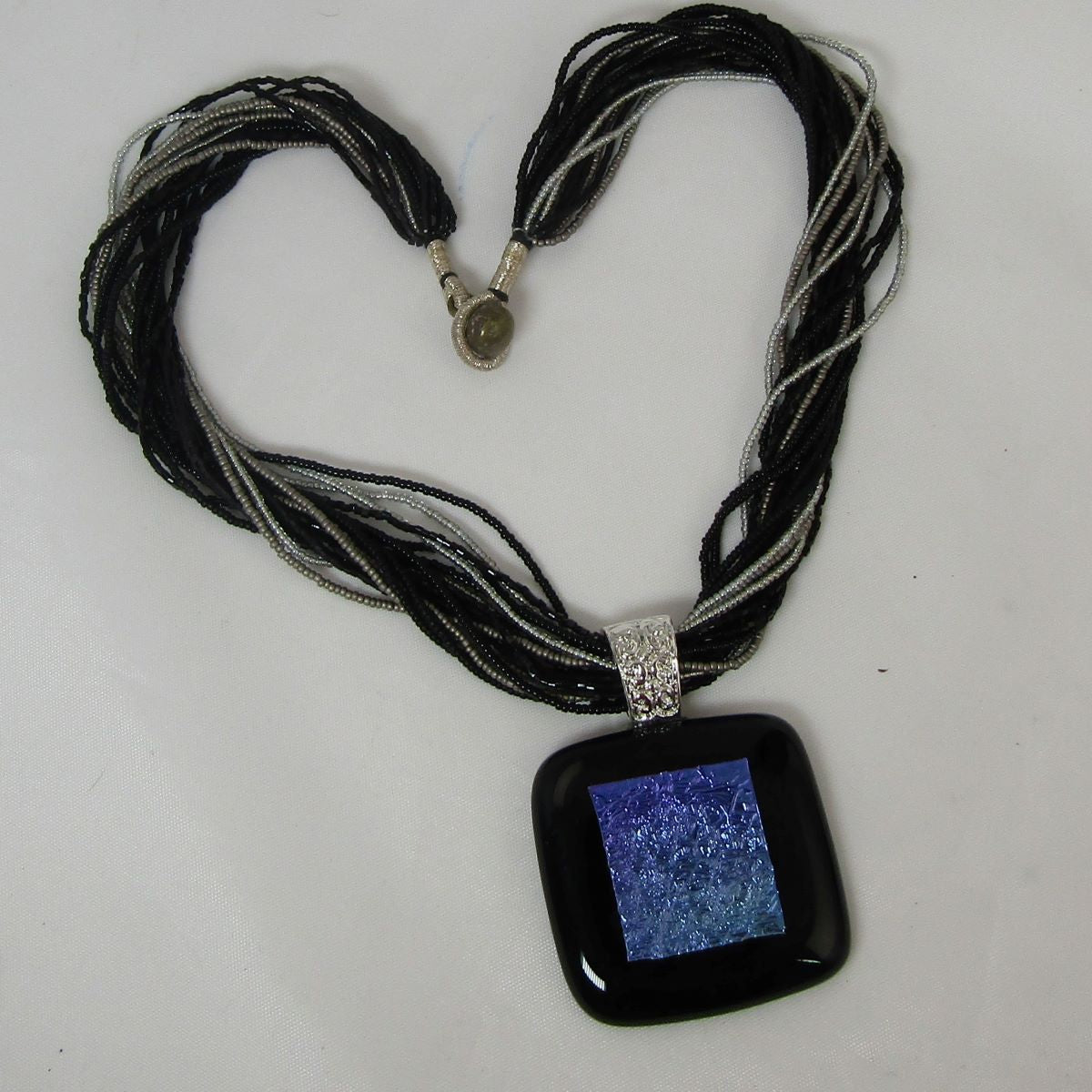 Handmade Black Dichroic Pendant on Multi-strand Seed Bead Necklace