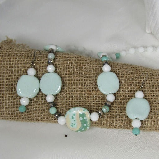 Aqua & White Necklace & Earrings in Handmade Kazuri Beads - VP's Jewelry  
