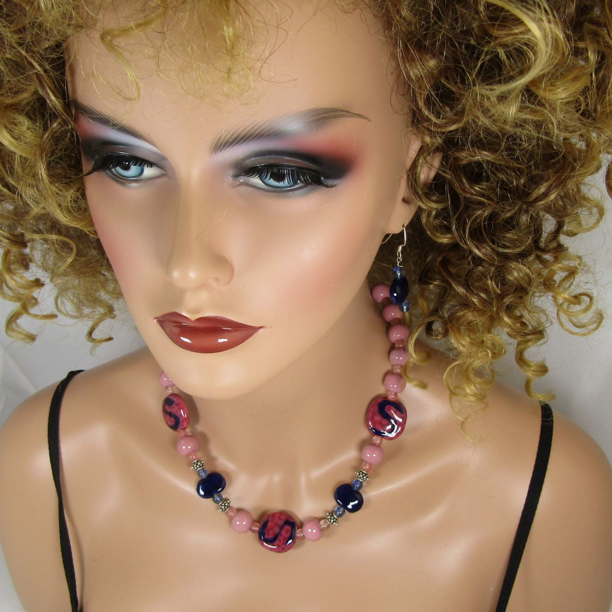 Pink & Navy African Kazuri and Quartz Necklace and Earrings - VP's Jewelry  