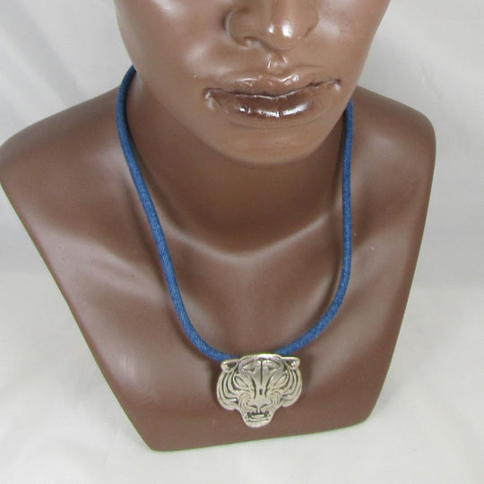 Man's Dark Blue Denim with Tiger Pendant Necklace