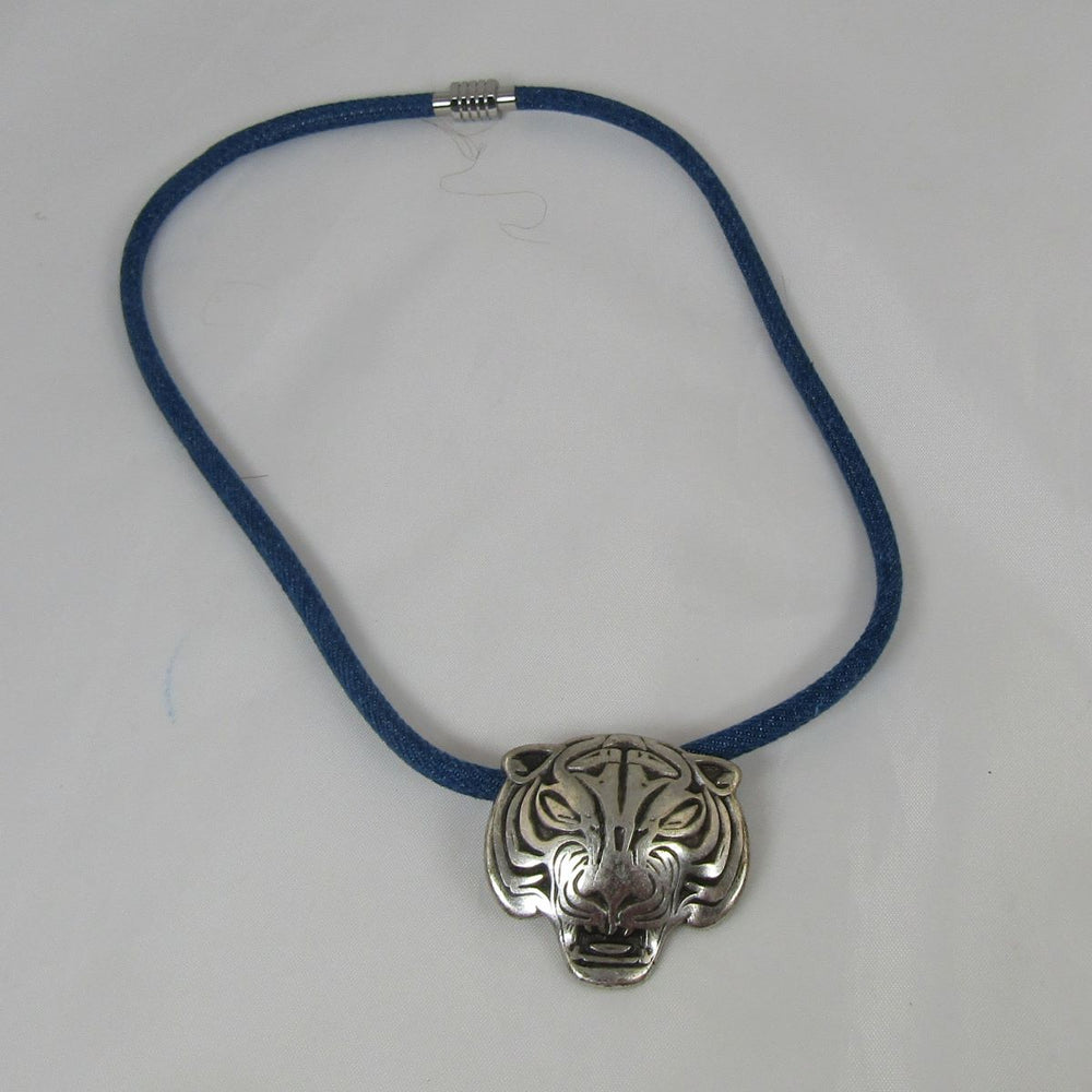 Man's Dark Blue Denim with Tiger Pendant Necklace
