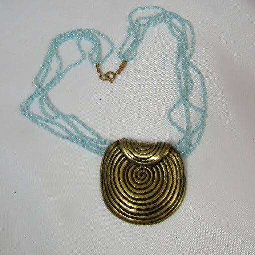 Aqua Multi-strand Necklace with Gold Spiral Disc Pendant - VP's Jewelry