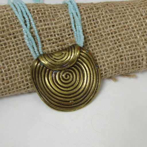 Aqua Multi-strand Necklace with Gold Spiral Disc Pendant - VP's Jewelry