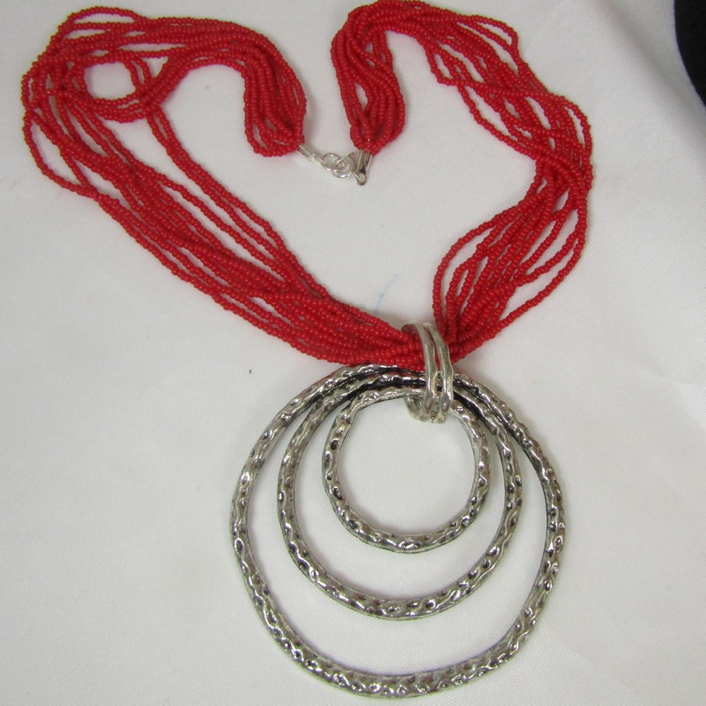 Red Bead Multi-strand Necklace with Hammered Antique Silver Pendant - VP's Jewelry