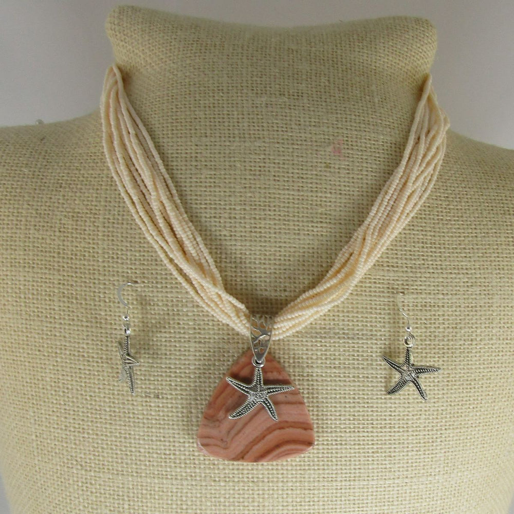 Gemstone Pendant On Multi-strand Necklace & Earrings - Red Malachite - VP's Jewelry