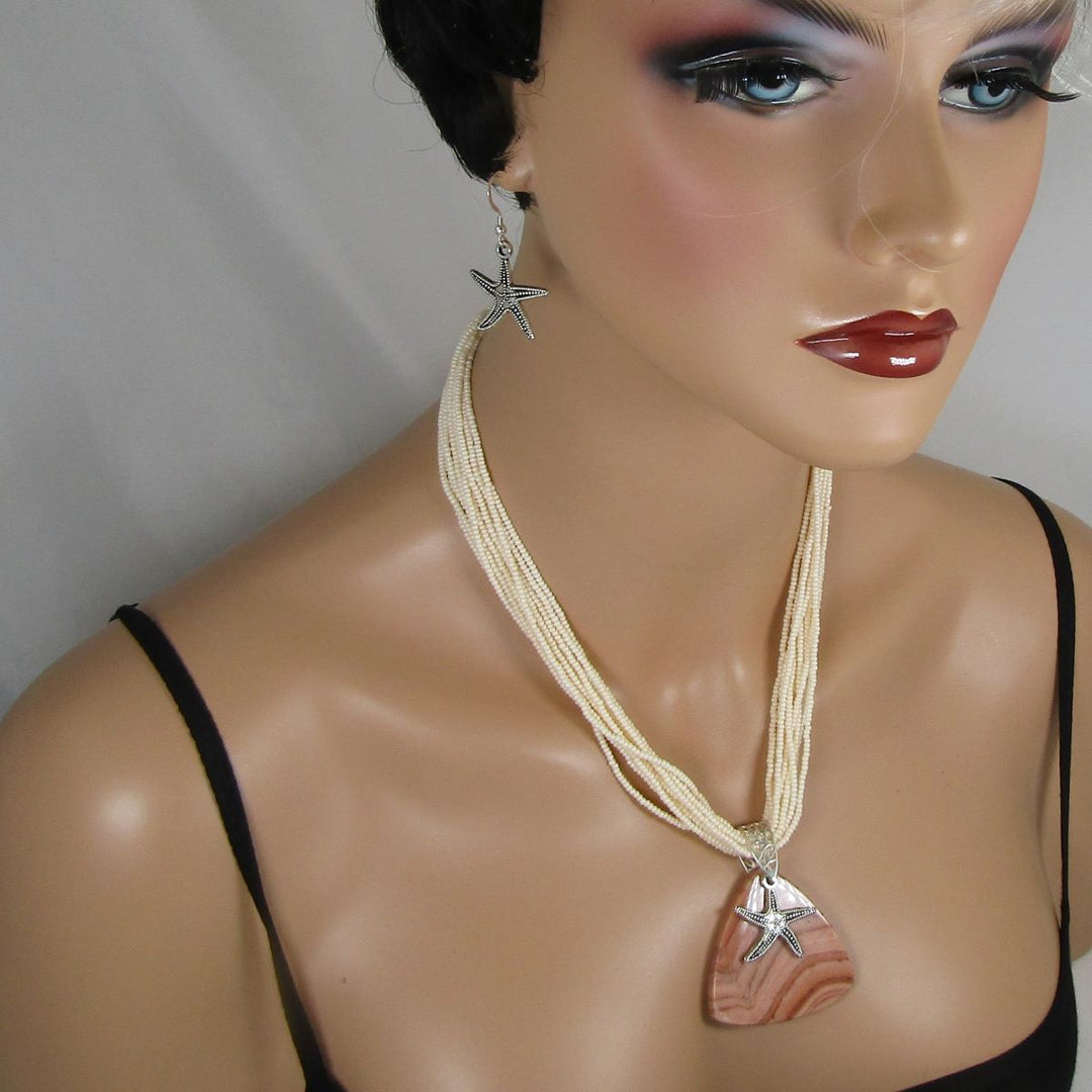 Gemstone Pendant On Multi-strand Necklace & Earrings - Red Malachite - VP's Jewelry