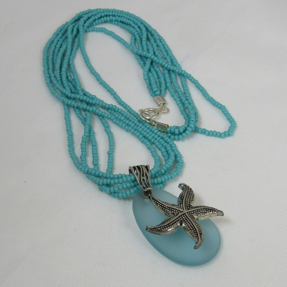 Aqua Sea Glass Pendant Multi-strand Necklace - VP's Jewelry