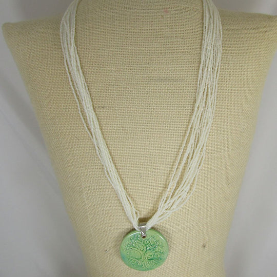 Pearl White Necklace with Claycult Tree of Life Green Pendant - VP's Jewelry