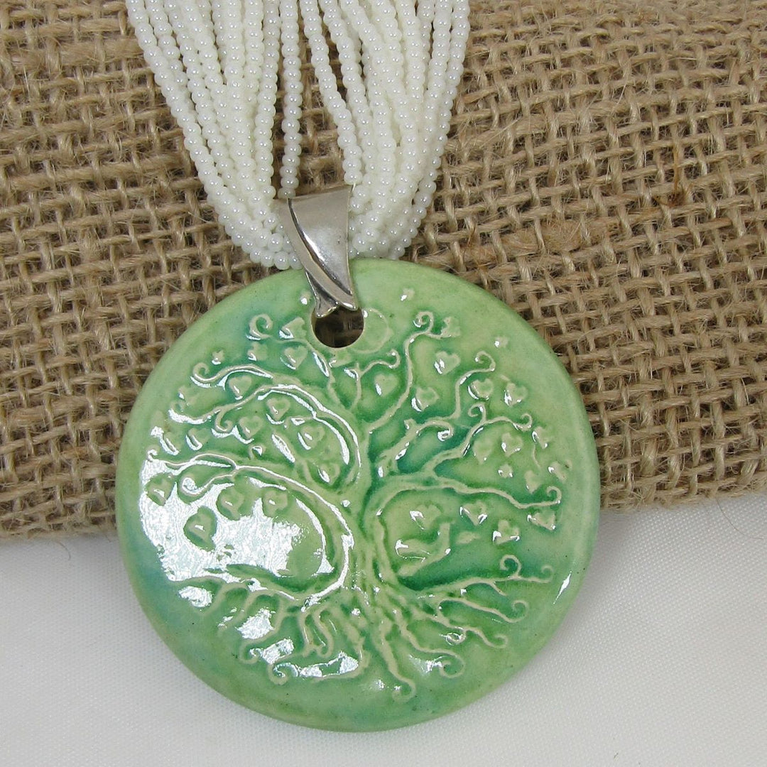 Pearl White Necklace with Tree of Life Green Pendant - VP's Jewelry