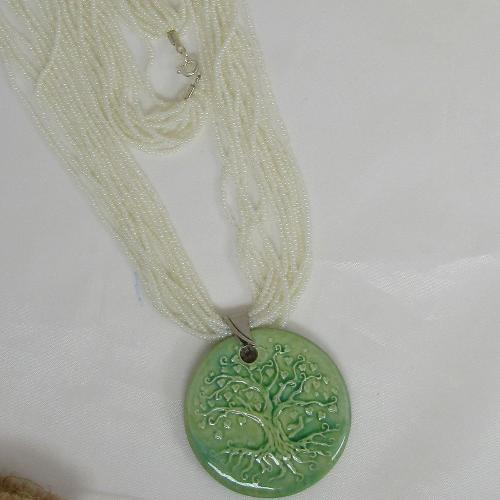 Pearl White Necklace with Claycult Tree of Life Green Pendant - VP's Jewelry