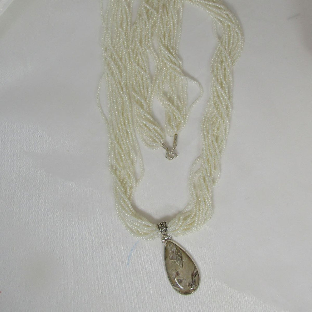 Pearl White Multi-strand Long Necklace with Rhyolite Opal Pendant - VP's Jewelry