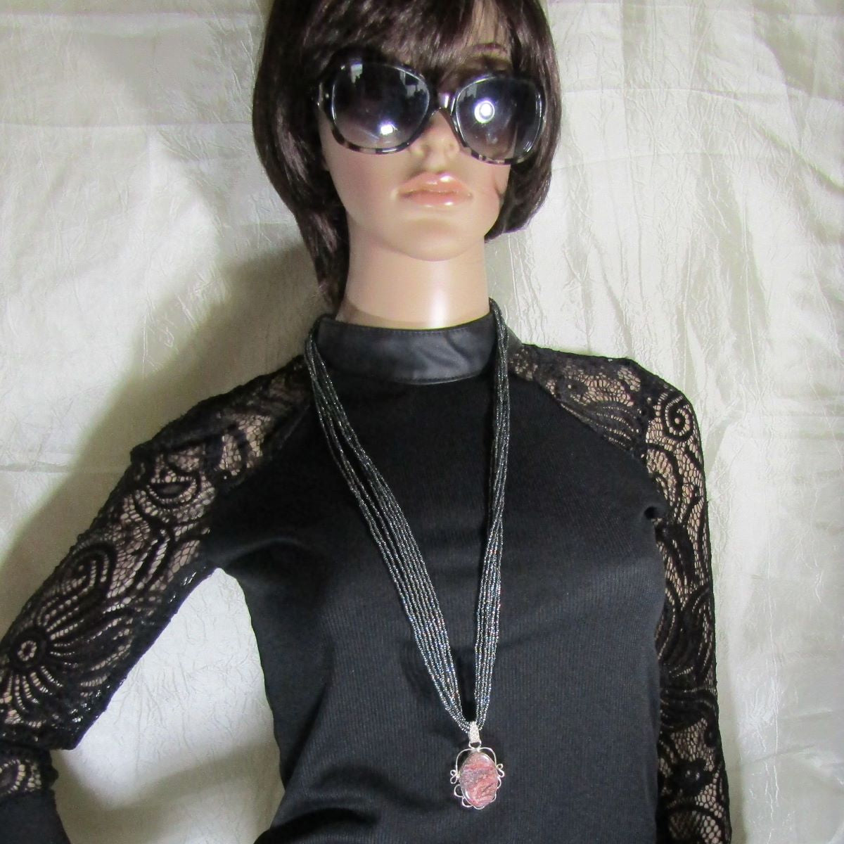 Charcoal Multi-strand Necklace with Jasper Pendant - VP's Jewelry