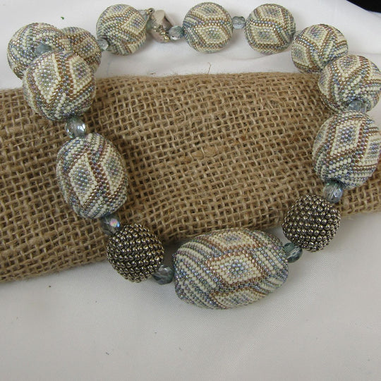 Exquisite Big Bold Chunky Bead Necklace in Cream Blue and Silver - VP's Jewelry