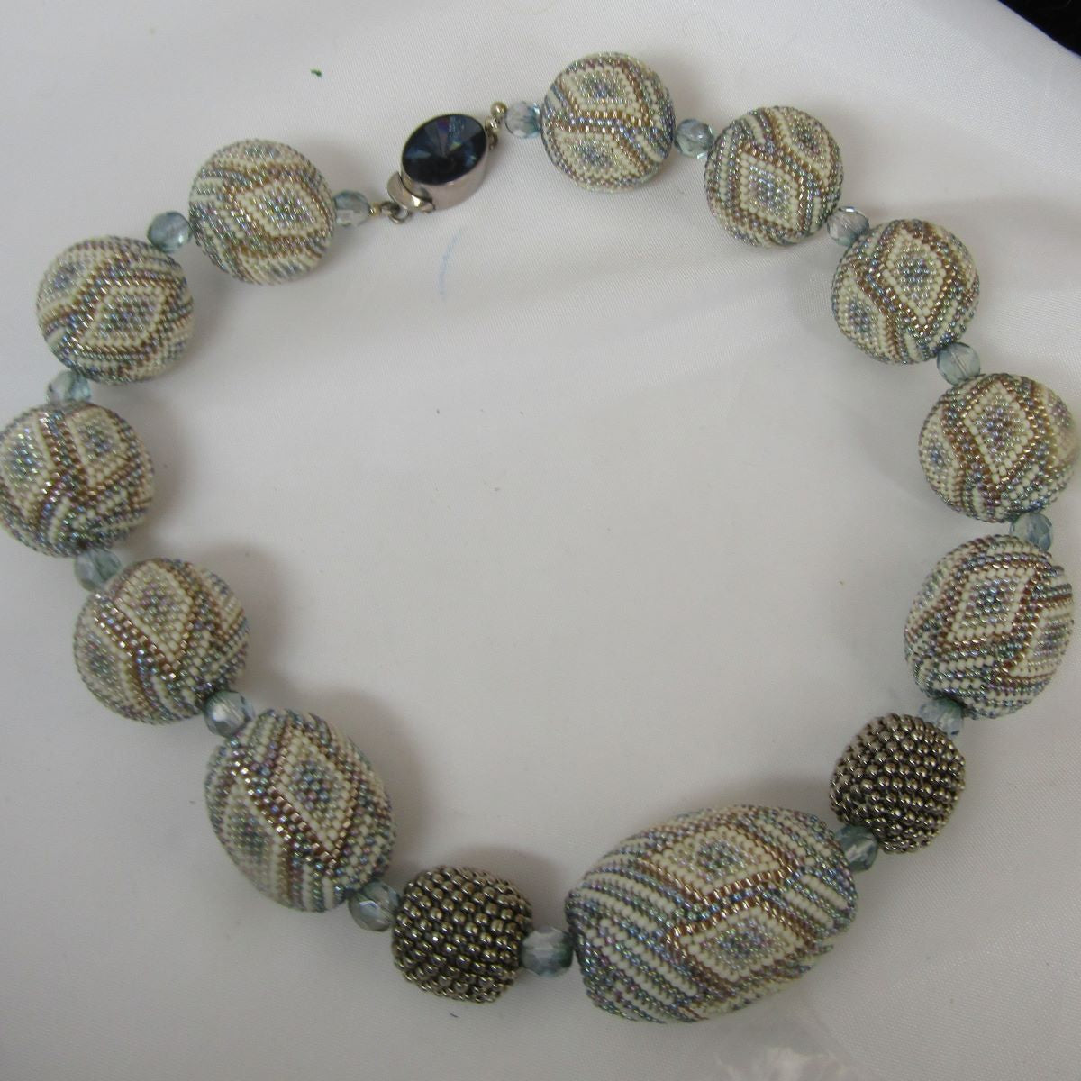 Exquisite Big Bold Chunky Bead Necklace in Cream Blue and Silver - VP's Jewelry