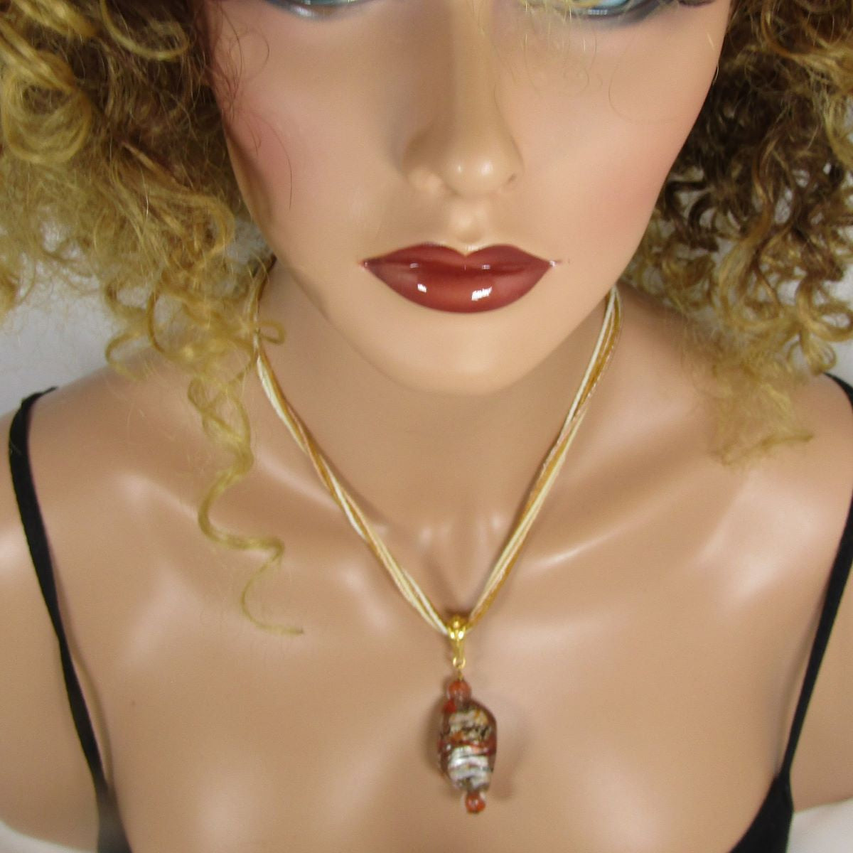 Gold Multi-strand Necklace with Handmade Lampwork Pendant - VP's Jewelry