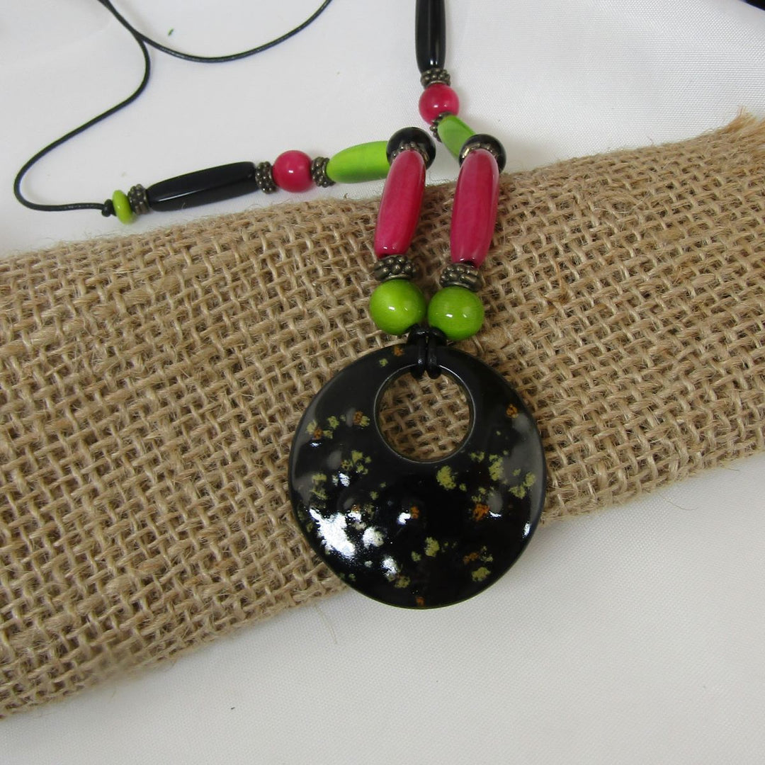 Eco-friendly Pendant Necklace Black Hot Pink and Apple Green - VP's Jewelry