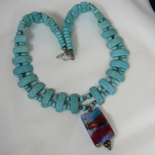 Turquoise Necklace with Handmade Dichroic Pendant. - VP's Jewelry