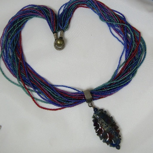 Multi-colored Seed Bead Necklace with Blue Lampwork Pendant - VP's Jewelry