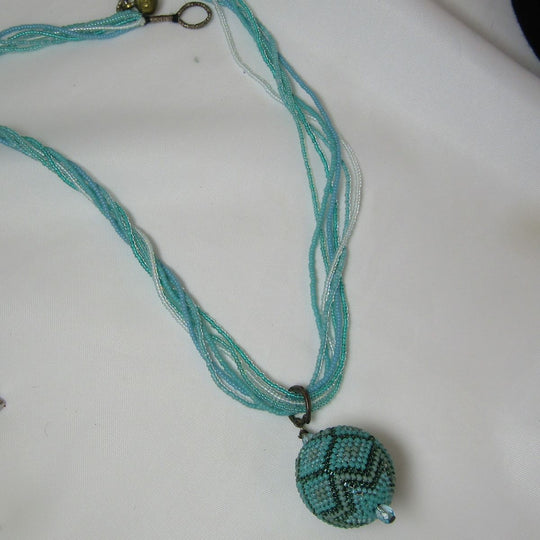 Aqua  Beaded Necklace with Aqua Beaded Pendant