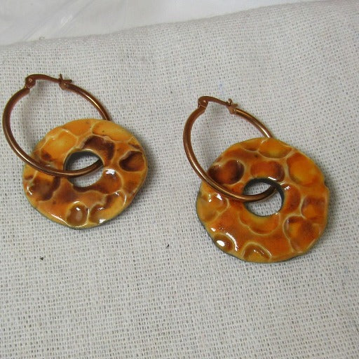 Orange Artisan Handmade Earrings Raku Glaze Copper Hoops - VP's Jewelry  
