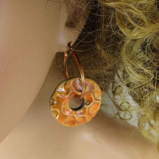 Orange Artisan Handmade Earrings Raku Glaze Copper Hoops - VP's Jewelry  