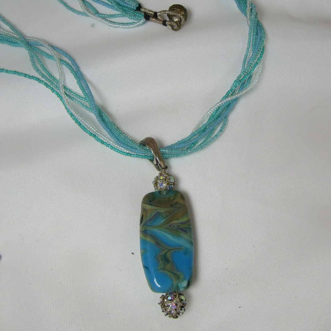 Exotic Aqua Lampwork Pendant on Aqua Seed Bead Necklace - VP's Jewelry